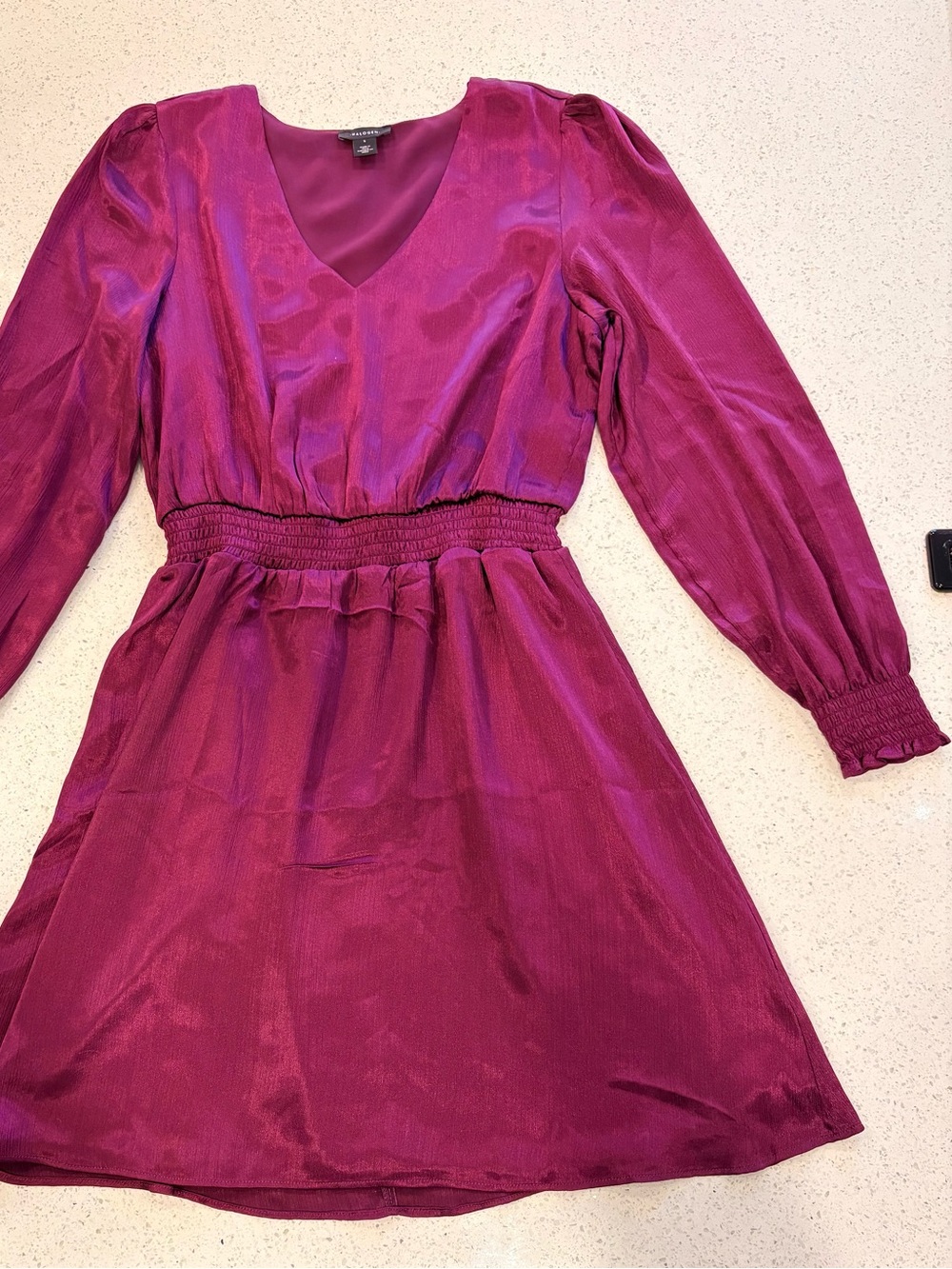 Halogen Raspberry-Pink V-Neck Long Sleeve Smocked Waist Dress